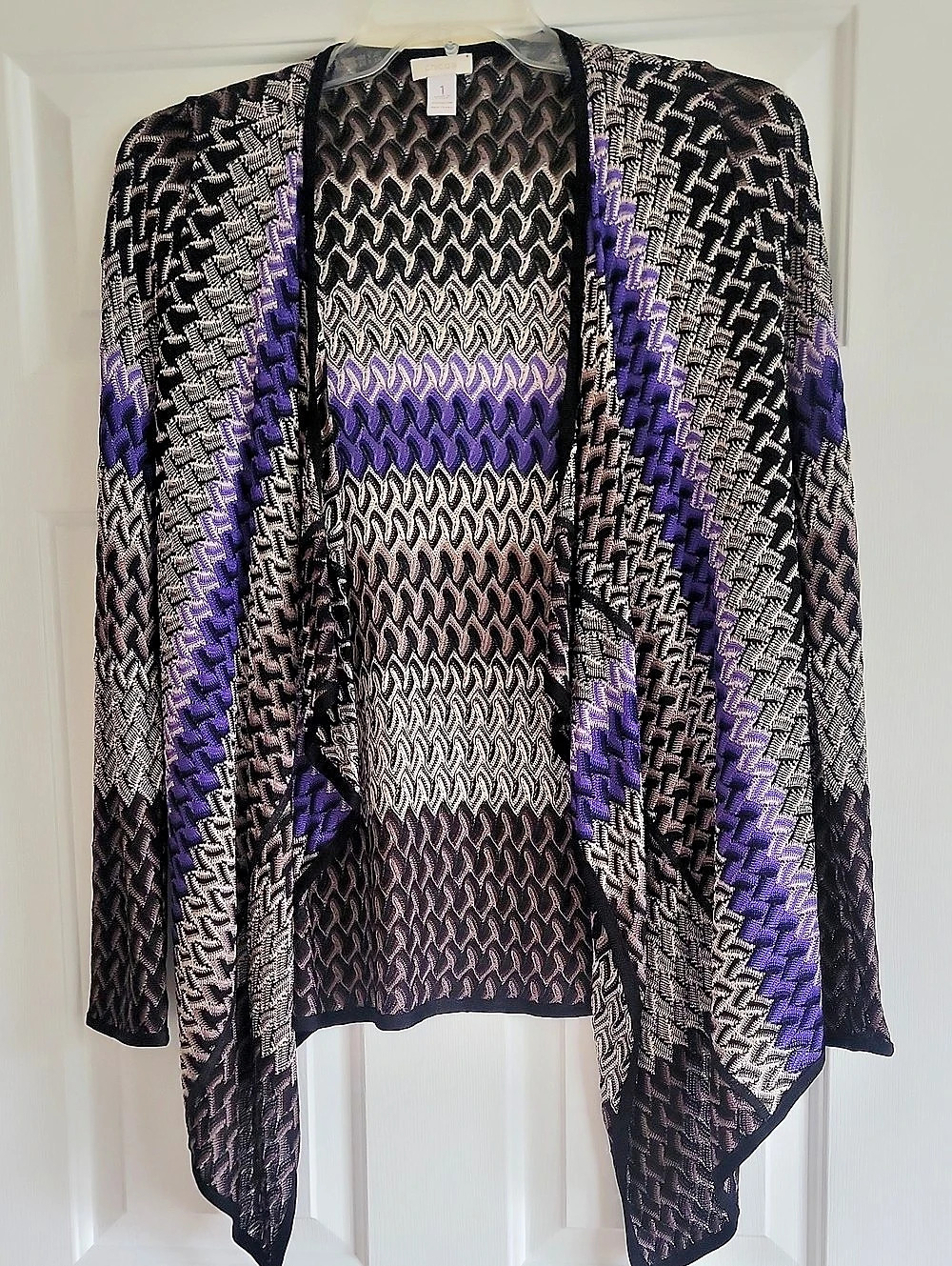 Chico's Geometric Knit Lightweight Cardigan in Black & Purple Sz. M  Like New